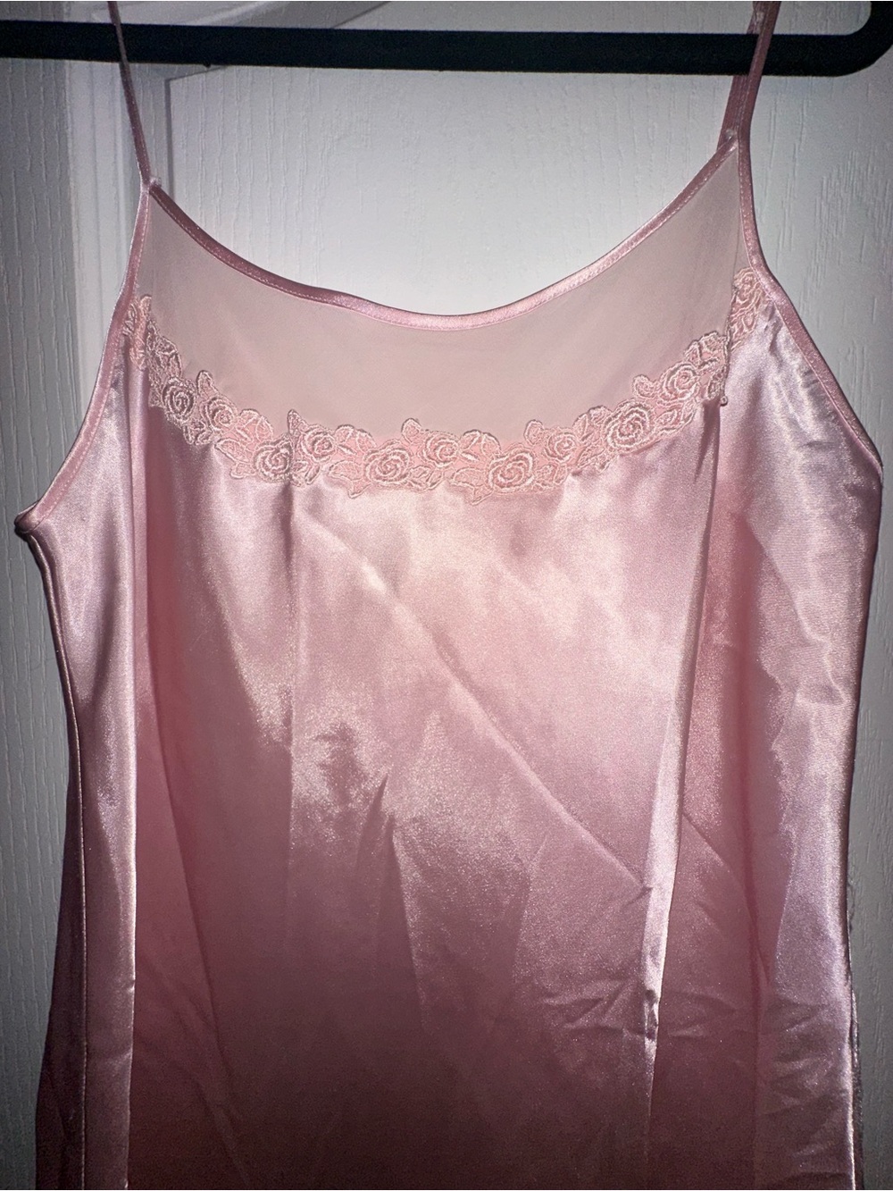 Soft Pink Long Satin Slip Dress with Floral Lace Trim